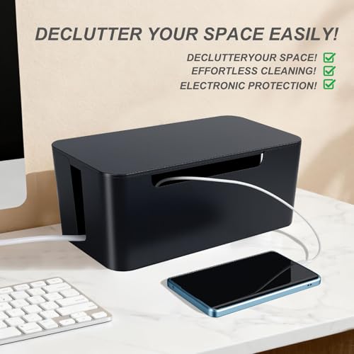 Eichzer Cable Management Box with Lid, Three Entry/Exit Slots, Black | Large Cord Organizer, Plastic Power Strip Cover, Hide Surge Protector on Desk & Floor, for TV Computer Home Router Office