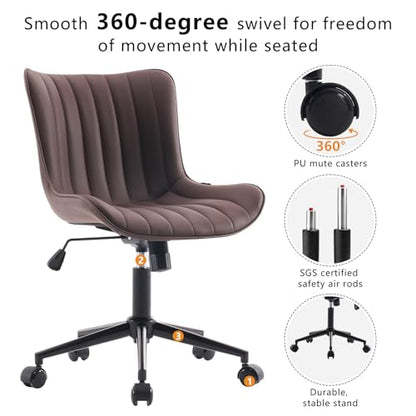 YOUNIKE Office Desk Chair with Wheels Armless Vanity Chair Modern Brown | Faux Leather Upholstered with Rocking Back, Swivel Height Adjustable Small Cute Computer Rolling Task Chair Ergonomic 300lb - color: Brown, size: Base Black