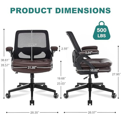 Big and Tall Office Chair, 500lbs Heavy Duty Ergonomic Mesh, Brown | Flip-Up Armrests, Plus Size PU Leather Wide Seat, 360° Swivel Computer Executive Task Chair for Home Office, Up to 500LBS Cap - color: Brown, size: 2BOX