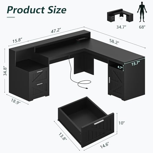 63" Farmhouse L Shaped Desk with Drawers & Printer Shelf for Home Office - color: Black