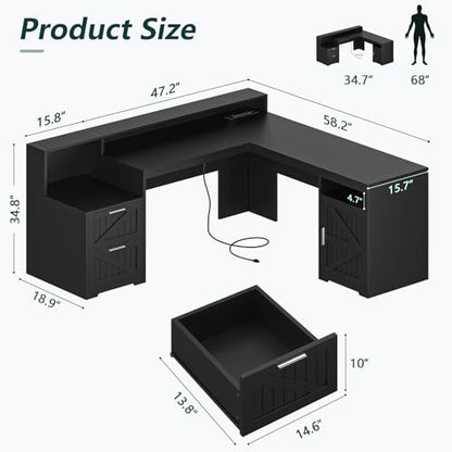 63" Farmhouse L Shaped Desk with Drawers & Printer Shelf for Home Office - color: Black