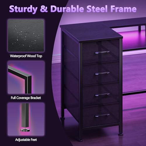 Korfile 47 Inch Gaming Computer Desk with Power Outlets,LED,5 Drawers,Black - color: Black, size: 47 Inch