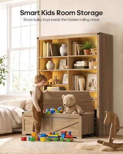 70.9" Tall Bookshelf with Rolling Storage Bench, Multi-Function, Heavy-Duty
