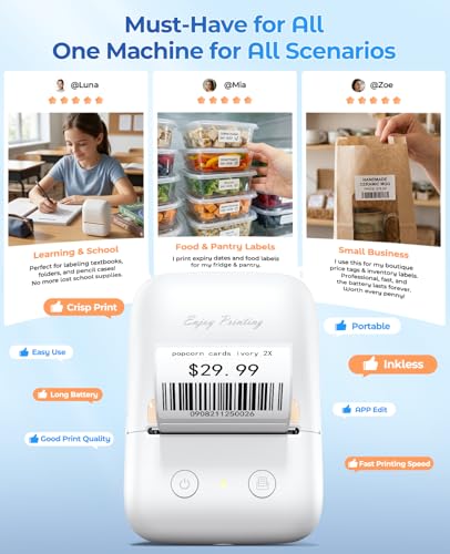 Label Maker, A421 Bluetooth Label Thermal Printer for Small Business & Home | Inkless Printer for Barcode, Address, Office, Compatible with iOS & Android, with 1 Label - color: White