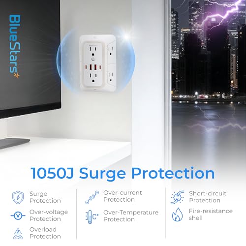 Wall Mount Power Strips Wall Charger 6 Outlet Extender 4 USB Ports (5V, 2.4A, 12W) and Night Light 3-Sided Power Strip with Adapter Spaced Outlets - Multi Plug Outlet Surge Protector for Home Office - color: White