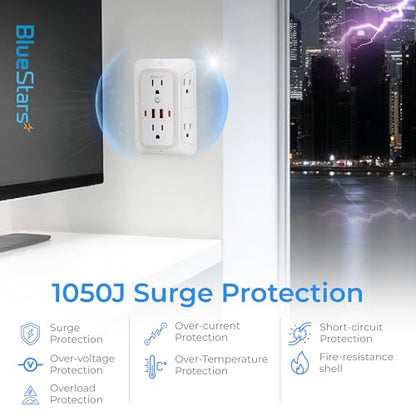 Wall Mount Power Strips Wall Charger 6 Outlet Extender 4 USB Ports (5V, 2.4A, 12W) and Night Light 3-Sided Power Strip with Adapter Spaced Outlets - Multi Plug Outlet Surge Protector for Home Office - color: White