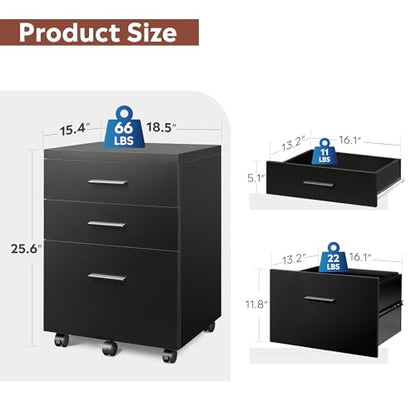 DEVAISE 3 Drawer File Cabinet for Home Office, Wood Under Desk Filing Cabinet, Rolling Printer Stand with Wheels, Black - color: Black, size: 15.7"D x 18.1"W x 25.6"H