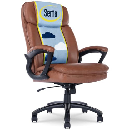 Serta Fairbanks Big & Tall Executive Office Chair, Ergonomic High-Back with Lumbar Support, Semi-Plush Seat Cushion and Body Pillows, Padded Armrests, Nylon Swivel Base, Bonded Leather, Cognac Brown - color: Cognac, size: 350 lbs