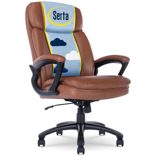 Serta Fairbanks Big & Tall Executive Office Chair, Ergonomic High-Back with Lumbar Support, Semi-Plush Seat Cushion and Body Pillows, Padded Armrests, Nylon Swivel Base, Bonded Leather, Cognac Brown - color: Cognac, size: 350 lbs