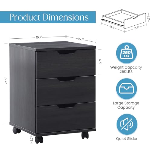 Farini 3-Drawer Under Desk Wooden File Storage Cabinet with Lockable Caster for Home Office,Black,Fully Assembly - color: Black, style: Fully Assembly