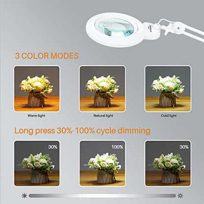 Bifocals Magnifying Desk Lamp with Clamp, 5 Diopter with 20 Diopter, 6 Inch Detachable Lens and 120PCS LEDs, 3 Color Modes 1200 Lumens Swivel Arm Magnifying Lamp with Light for Crafts (White) - color: White