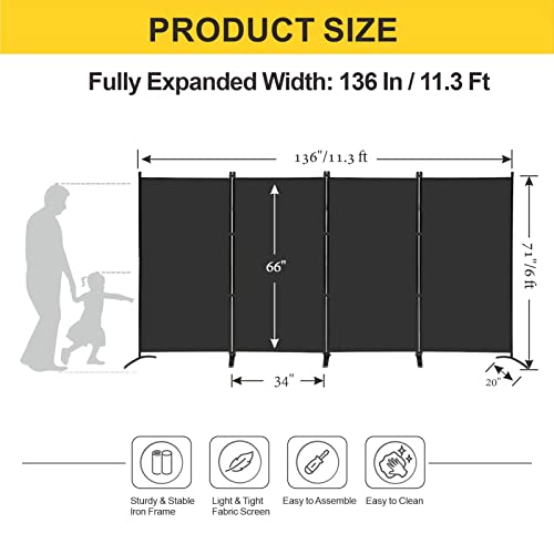 MAYOLIAH 4 Panel Privacy Screen Room Dividers 6FT Tall Portable Office Wall - color: Black, size: 34"-4 Panel-Arc Base