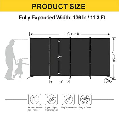 MAYOLIAH 4 Panel Privacy Screen Room Dividers 6FT Tall Portable Office Wall - color: Black, size: 34"-4 Panel-Arc Base