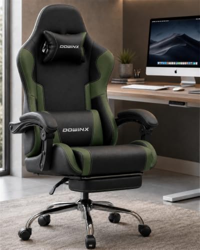 Dowinx Ergonomic Gaming Chair with Footrest & Massage Lumbar, 2D-Linkage Armrests for Computer Chair 330lbs with Headrest Pillow for Office, Home, Streaming and Long Gaming Sessions, Fabric Dark Green - color: Dark Green