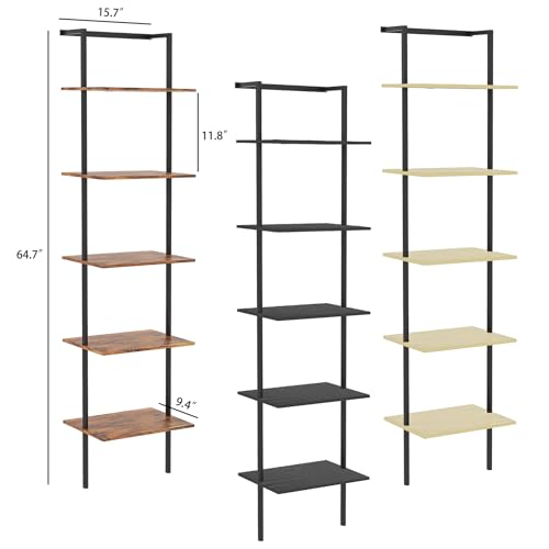 5-Tier Wall Mounted Ladder Shelf, Rustic Brown, 64.7" H - color: Rustic Brown, size: 5 Tier