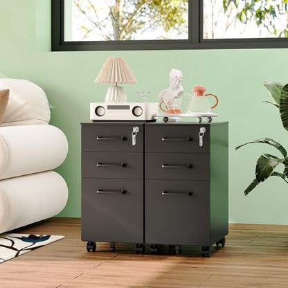 MIIIKO File Cabinet 3 Drawers on Wheels Under Desk, Black Metal File Cabinets with Lock for Home Office, Filing Cabinet with Lock(Un-Assembled) - color: Black, size: 3 Drawer-11.8"W -Mobile