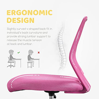 Yaheetech Small Desk Chair, Armless Adjustable Swivel Seat, Rose Red | Padded mesh seat and ventilated resin back, compact armless frame rolls and adjusts for study and small desks, holds 300 lb. - color: Rose Red