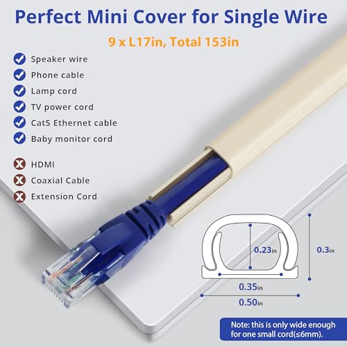One Cord Cover Wall 153in(9X L17in) - Mini Wire Hider, Wire Cover for Hiding Speaker Wire, Baby Monitor Cord - Paintable Wire Channel for Cable Concealer, W0.5in H0.3in, CMR05 Beige - color: Beige, size: W0.5in X H0.3in X L153in