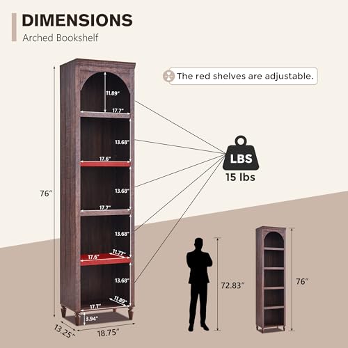 IFGET 76" Tall Arched Bookcase, Farmhouse Narrow Arch Bookshelf, Brown | 5 Tiers Bookcases w/Adjustable Shelves, Modern Wooden Book Shelf w/Storage and Open Display Shelves for Living Room, Office - color: Brown, size: Medium