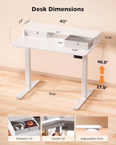 FiCiHi 40x24 Inch Electric Standing Desk, 2 Drawers, Adjustable Height Desk - color: White, size: 40"x24" (Standard)