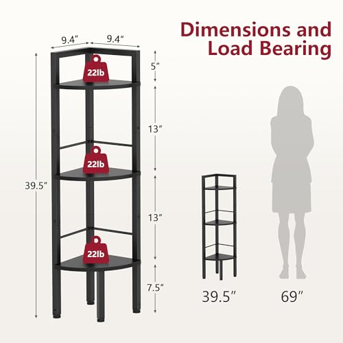Tajsoon Small Corner Shelf Stand 3 Tier 39.5" with Metal Frame, Black - color: Black, size: 3 Tier