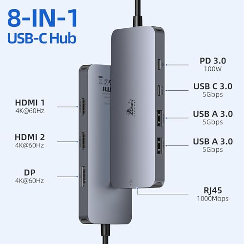 USB C Docking Station Dual Monitor, LIONWEI Laptop Docking Station 3 Monitors with 2 HDMI, 4K DisplayPort, 1Gbps Ethernet, 100W PD, 3 USB A/C 3.0, USB C Hub Multiport Adapter for Dell/Lenovo/HP