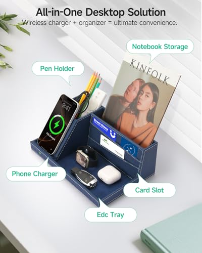 Desk Organizer with Charging Station, Nightstand Organizer Phone Docking Station, Men Gift Husband Wife Anniversary Dad Birthday Nightstand Purse Father Graduation Male Travel Idea Gadgets - color: Blue