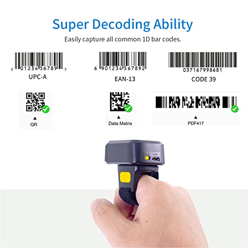 2D Wireless Ring Barcode Scanner,Portable Bluetooth Wearable Finger 1D 2D Mini Bar Code Reader Scanner Suppot Screen Scanning with Bluetooth & 2.4GHz Wireless & Wired Connection Scanner