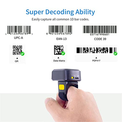 2D Wireless Ring Barcode Scanner,Portable Bluetooth Wearable Finger 1D 2D Mini Bar Code Reader Scanner Suppot Screen Scanning with Bluetooth & 2.4GHz Wireless & Wired Connection Scanner
