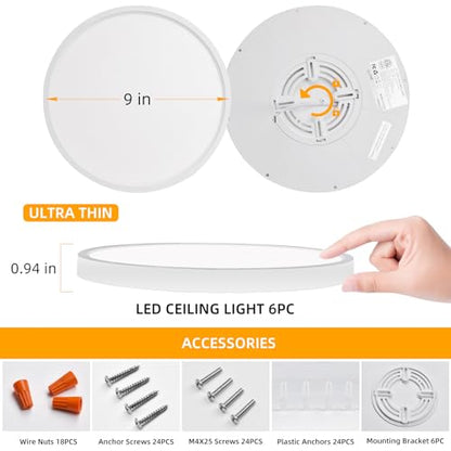 Hlite 9 Inch LED Flush Mount Ceiling Light,1800LM,6 Pack,3CCT | 18W 3000K/4000K/5000K Selectable,Super Slim,Low Profile Round Ceiling Light Fixtures for Kitchen,Bedroom,Hallway,White - color: White, size: 9 inch-6