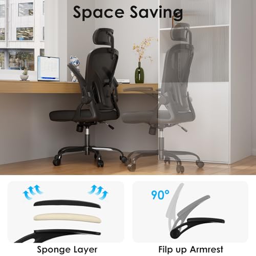 Farini Ergonomic Office Chair, Desk Chair with Headrest, Black & Dark Black | Home Office Desk Chair with Headrest, High Back Swivel Computer Chair, Armrests and Adjustable Lumbar Support - color: All Black, size: Set of 1