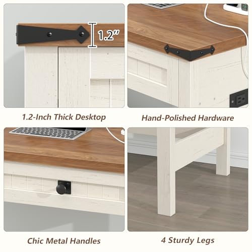 39 Inch Farmhouse Small Computer Desk with Drawers for Bedroom, Home Office - color: Antique White