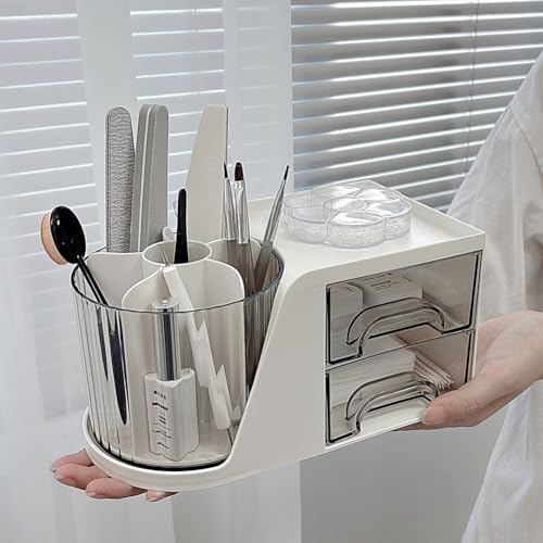 Rotating Desk Organizer, Large Capacity Cosmetic Display Case with Drawer, 360-Degree Rotating Pen Holder, Art Supply Storage Box Caddy for Office and Home - color: 360° Rotating 6 Slots 2 Drawers White