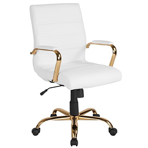 Flash Furniture Mid-Back White LeatherSoft Executive Swivel Office Chair with Gold Frame and Arms - color: White Leathersoft/Gold Frame