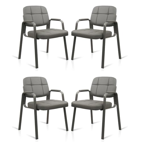 CLATINA Waiting Room Chairs No Wheels Set of 4, Stationary Leather Office Reception Guest Chair with Padded Arms for Elderly Desk Conference Room Lobby Table Side Salon, Grey - color: Grey, size: 4 Pack