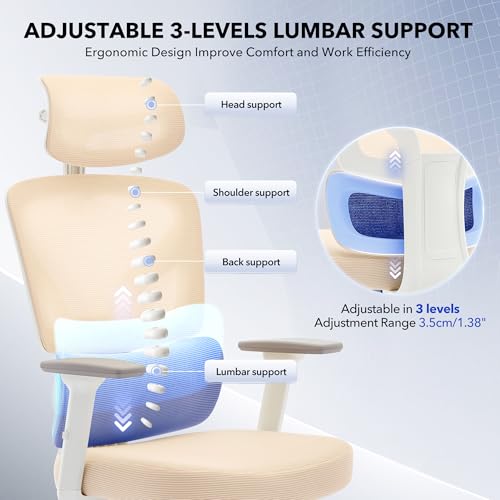 Ergonomic Office Chair Mesh – Adjustable Lumbar 3D Armrests High-Back Desk - color: Beige-p1