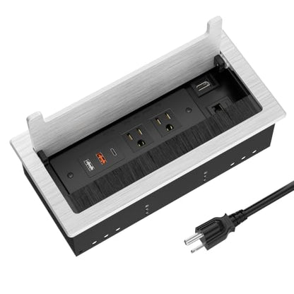 Conference Table Power Hub with HDMI, Tabletop Connectivity Box with RJ45 + 20W USB C + 2 USB A + 2 AC Outlets, Flush Mount Desk Power Outlet for Office School, Silver