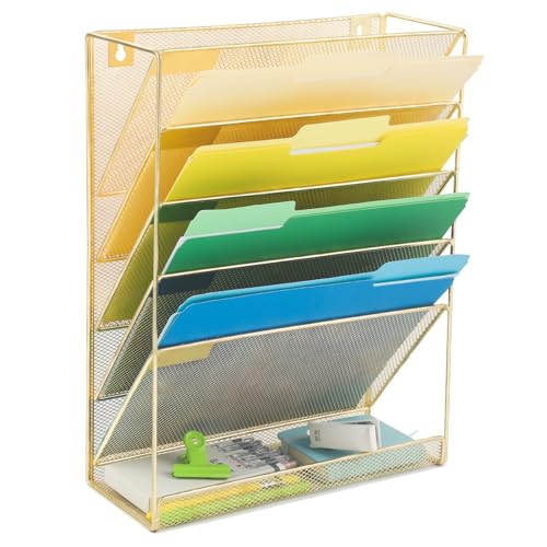 EASEPRES Desk File Organizer Mesh 6-Tier, Hanging Wall Mount Document Organization Stand, Desktop Vertical Mail Paper Folder Holder Rack with Bottom Tray for Office Home Cubicle Countertop, Gold - color: Gold, size: 6 Tier