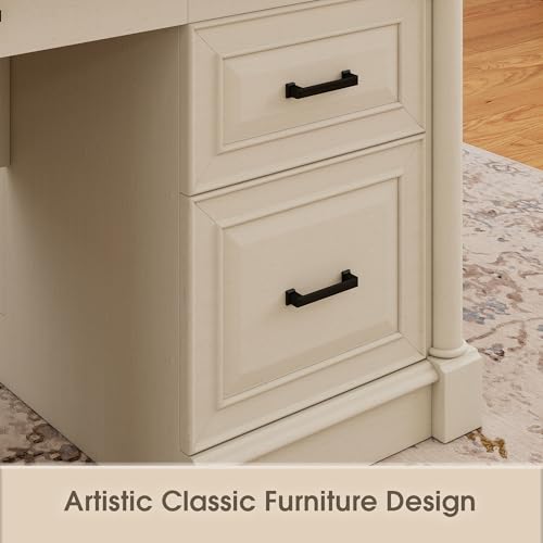 Bevfint 61.85″ Executive Desk with Roman Column Design, Large Boss Office Desk 3 Drawers incl. File Drawer, Keyboard Tray, Cabinet Shelf with Door, White with Brown Desktop - color: White With Brown Desktop, size: 61.85" Roman Column Desk
