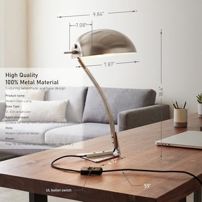 18.4" Metal Desk Lamp Modern Industrial Table Lamp, Adjustable Neck Architect Lights (3000K) with On/Off Switch, Bedside Reading Lamps for Office Bedroom Study Room Side Table (Nickel) - color: Brushed Nickel