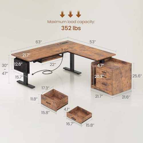 SEDETA L Shaped Electric Standing Desk with File Cabinet, 63 x 53'' Height Adjustable Home Office Computer Desk with 3 Drawers, Power Outlet, Stand up Gaming Table with Led Lights, Rustic Brown - color: Rustic Brown, size: 63 x 53'' L Shaped Standing Desk