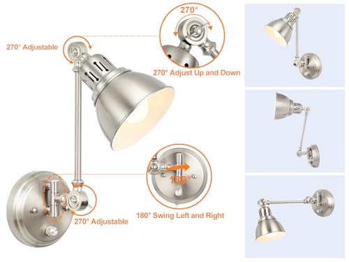 2 Pack Plug in Wall Sconces with Remote Control, Dimming, Adjustable Colors 2700K-6500K, Swing Arm Wall Lamps with Night Light & Timer, Plug-in or Hardwired, LED Bulbs Included, Brushed Nickel - size: Brushed Nickel-2 PACK(Bulbs+Remote)