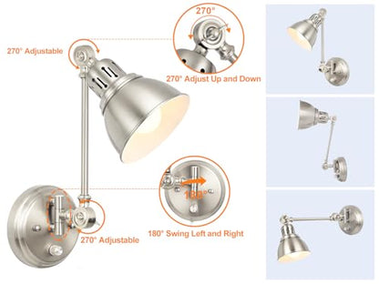 2 Pack Plug in Wall Sconces with Remote Control, Dimming, Adjustable Colors 2700K-6500K, Swing Arm Wall Lamps with Night Light & Timer, Plug-in or Hardwired, LED Bulbs Included, Brushed Nickel - size: Brushed Nickel-2 PACK(Bulbs+Remote)