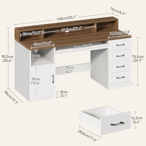 RALGEND 55" Office Desk with Drawers, Farmhouse Executive Desk with Drawers - color: White, Walnut