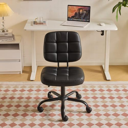 VINGLI Compact Small Desk Chair, Cute Armless Chair with Wheels, Vanity Chair with Low Back, Height Adjustable Task Chair for Small Spaces, Office, Bedroom, Make Up Room, PU Leather, Black - color: Black