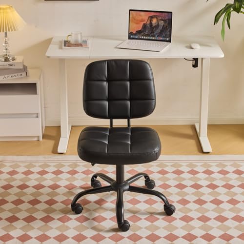 VINGLI Compact Small Desk Chair, Cute Armless Chair with Wheels, Vanity Chair with Low Back, Height Adjustable Task Chair for Small Spaces, Office, Bedroom, Make Up Room, PU Leather, Black - color: Black