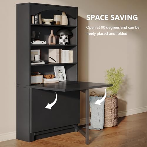 Einhomn Folding Desk with Storage, Space-Saving Foldable Convertible Writing Table, Wall Mount Fold Out Computer Desk for Home Office, Craft Room, Living Room, Bedroom, Black - color: Black