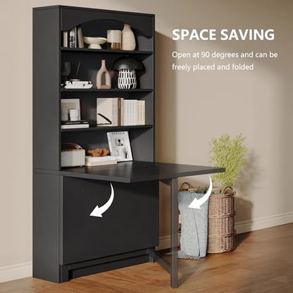 Einhomn Folding Desk with Storage, Space-Saving Foldable Convertible Writing Table, Wall Mount Fold Out Computer Desk for Home Office, Craft Room, Living Room, Bedroom, Black - color: Black