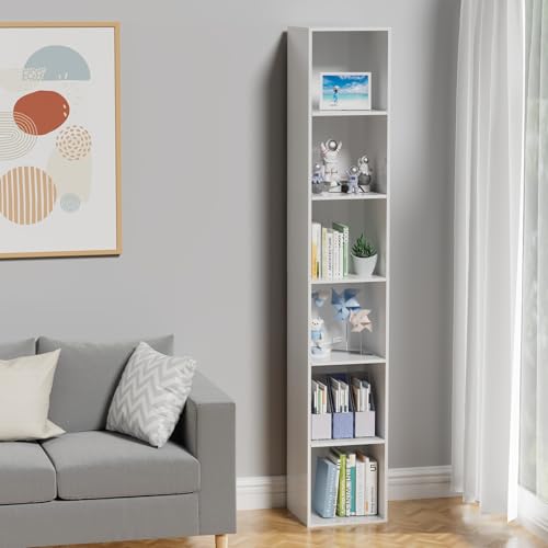 6 Tier Bookshelf, Open Tall Narrow Floor Standing Bookcase, Storage Organizer Bookshelves Freestanding Book Shelf for Living Room, Bedroom, Home Office (White, 6 Cube) - color: White, size: 6-Cube