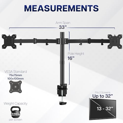 VIVO Dual Monitor Desk Mount, Heavy Duty Fully Adjustable Stand, Fits 2 LCD LED Screens up to 32 inches and 22 lbs Each, Black, STAND-V032 - color: Black, size: 13" - 32"